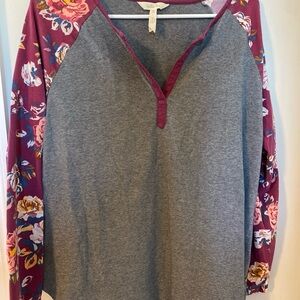 Matilda Jane Gray Top with Purple Floral Sleeves